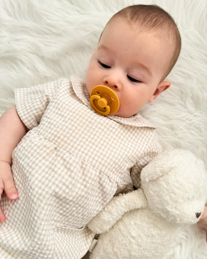 Beige vichy romper and knitted jacket (2 pieces)